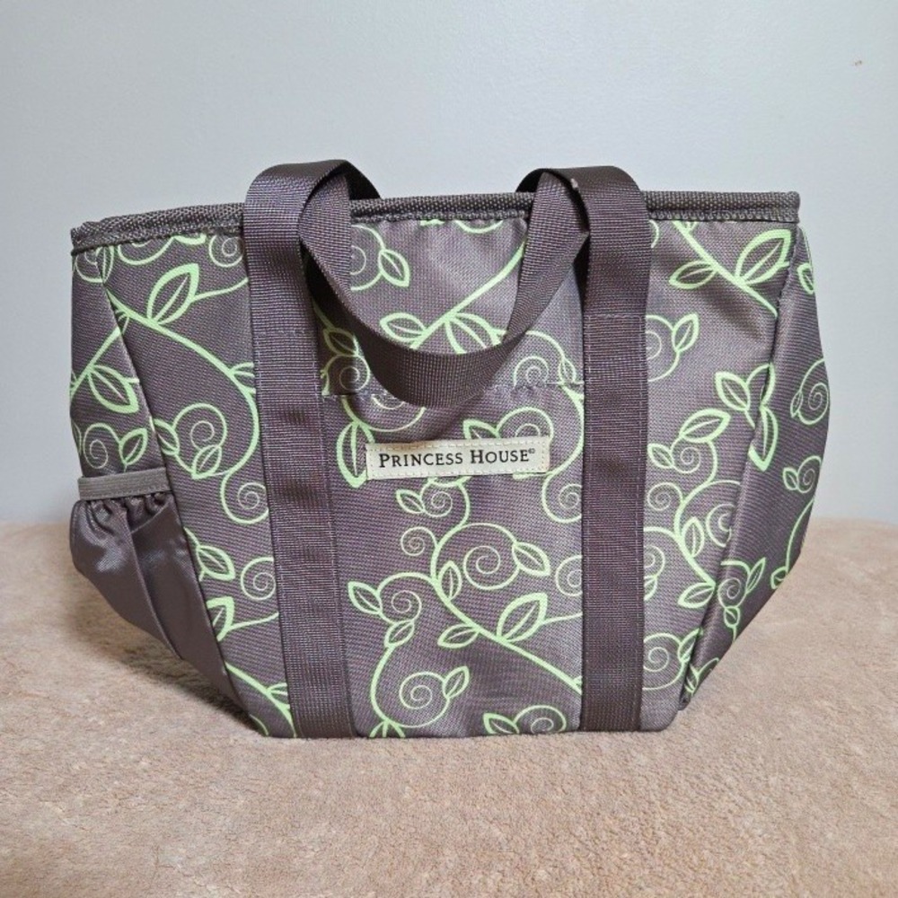 Princess House Insulated Lunch Tote Bag Floral Gray/Green Zipper